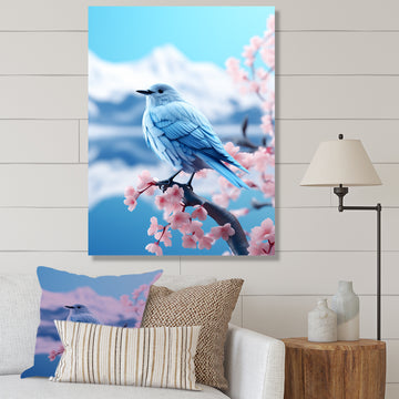 Japan blue bird Frost on pink Thistle - Bird Floral Wall Decor